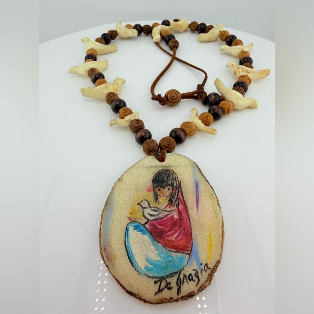 Vintage Ted DeGrazia "White Dove" Necklace - Signed- Bird Fetish Beads